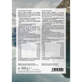 Verpackung für halbfeuchtes Hundefutter mit Nährwertinformationen, Zutaten und Fütterungshinweisen, beschriftet "Aniforte PureNature FjordSalmon."