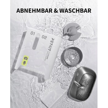Abnehmbare und waschbare weiße und graue Futternapfteile für Haustiere, im Wasser eingetaucht mit dem Text „ABNEHMBAR & WASCHBAR“.
