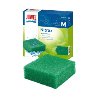 Grüne Nitrataufnahmeschwamm von Juwel, beschriftet mit "Nitrax", mit Wassertropfen, entworfen für Aquarienfiltersysteme.