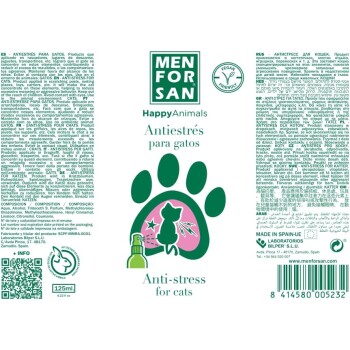 Etikett für Menforsan Anti-Stress für Katzen, mit einem grünen Pfotenabdruck, einer Katzenillustration und mehrsprachigem Text über die Anwendung und Vorteile.