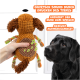 Eine Hand hält ein quietschendes Plüschhundespielzeug, während ein schwarzer Hund aufmerksam zuschaut. Der Text hebt seine Eigenschaften und Verspieltheit hervor.