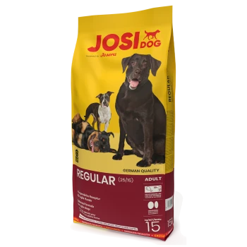 Hundfutterbeutel mit der Marke "JOSI DOG", mit Bildern von vier Hunden und Text, der "REGULAR (25/15) ADULT" und "DEUTSCHE QUALITÄT" angibt.