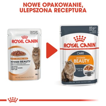 Dwa opakowania karmy dla kotów Royal Canin prezentują nowe opakowanie i ulepszoną recepturę "Intense Beauty" dla zdrowej skóry i sierści.