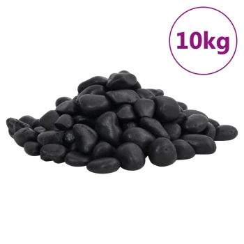 Ein Haufen glatter schwarzer Kieselsteine, beschriftet mit einem lila Kreis, der '10 kg' anzeigt.