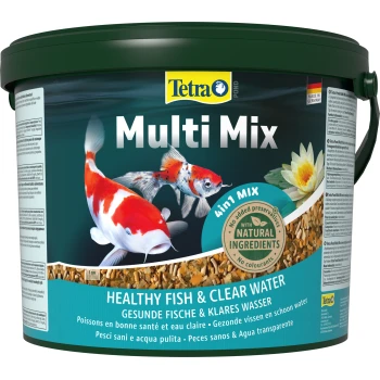 Conteneur de nourriture pour poissons Tetra Pond Multi Mix avec des poissons koi colorés sur l'étiquette, avec le texte indiquant "Poissons en bonne santé & Eau claire" et "4in1 Mix."