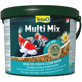 Tetra Pond Multi Mix visvoercontainer met kleurrijke koi-vissen op het label, met tekst die 'Gezonde Vissen & Helder Water' en '4in1 Mix' vermeldt.