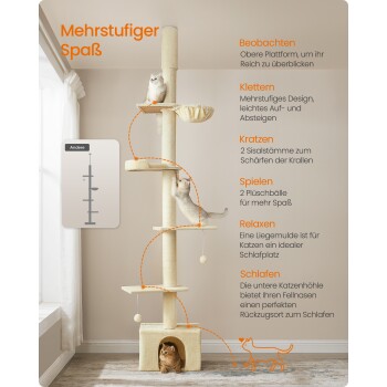 Ein mehrstöckiger Katzenbaum mit zwei spielenden Katzen, der Kletterplattformen, Kratzpfosten und einem gemütlichen Versteck bietet.