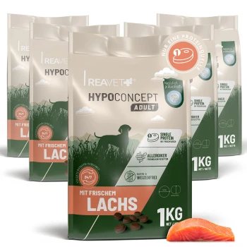 Reavet Hypoconcept Adult Hundefuttertüte 'Mit frischem Lachs', 1 kg, Hundesilhouette, Kroketten und ein Stück Lachs