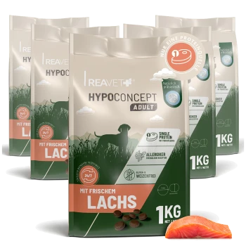 Reavet Hypoconcept Adult Hundefuttertüte 'Mit frischem Lachs', 1 kg, Hundesilhouette, Kroketten und ein Stück Lachs