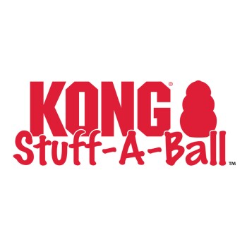 Rotes KONG-Logo mit Spielzeugsilhouette und rotem Schriftzug 'Stuff-A-Ball'