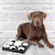 Ein brauner Hund sitzt neben einem schwarzen interaktiven Puzzle-Spielzeug mit weißen Teilen, das für die geistige Stimulation von Haustieren entwickelt wurde.