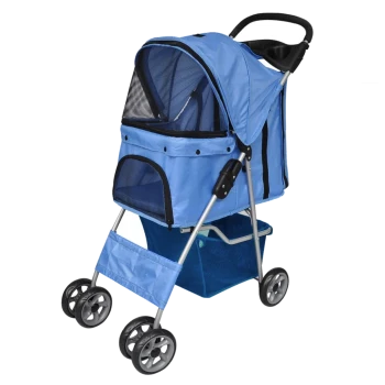 Blauer Haustierwagen mit einem Netzoberteil, einer Fronttasche und einem unteren Aufbewahrungskorb, mit vier Rädern für einfache Mobilität.