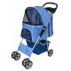 Blauer Haustierwagen mit einem Netzoberteil, einer Fronttasche und einem unteren Aufbewahrungskorb, mit vier Rädern für einfache Mobilität.