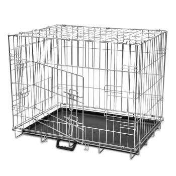 Metall-Hundekäfig mit herausnehmbarem Kunststofftablett, ausgestattet mit einem Doppeltürdesign und sicheren Riegeln für die Sicherheit.