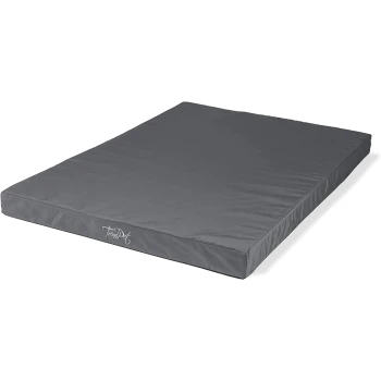 Graues Haustierbett mit einem eleganten Design, mit dem Text "TrendPet" auf der Seite gestickt.