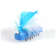 A playful blue pet grooming tool shaped like a bug, featuring large googly eyes and colorful feathers on top.