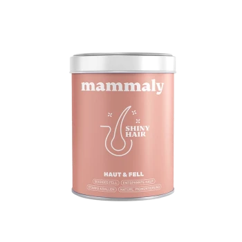 Rosa Metalldose mit weißem Deckel, beschriftet 'mammaly', mit Texten 'Shiny Hair' und 'Haut & Fell'.