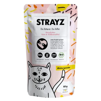 BIO 14x85g Ente und Süßkartoffel Tüte STRAYZ Nassfutter für Katzen mit Ente und Süßkartoffel, mit einem Cartoon-Katzen-Design, 85g, und Text über Spenden und Zutaten.