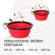 Rote zusammenklappbare Haustiernäpfe, die mit einem Karabiner präsentiert werden, mit dem Text "Verschiedene Größen verfügbar" und Größen: 350 ML, 1000 ML, 1500 ML, 2000 ML.