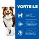 Ein Hund vor einem blauen Hintergrund listet Vorteile auf: hochwertiges Protein, Antioxidantien für die Immunität und ausgewogene Mineralien für die Gesundheit.