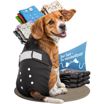 Schwarzes Haustierwindelset mit drei verstellbaren Windeln mit Druckknöpfen, beschriftet mit "3er SET" und einem Etikett mit der Aufschrift "3x JUSTIERBAR DEUTSCHE MARKE."