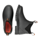 Schwarze kurze wasserdichte Gummistiefel; Draufsicht zeigt orangefarbene Innensohle mit Aufdruck 'Gateway', Seitenansicht zeigt orange Zuglaschen.