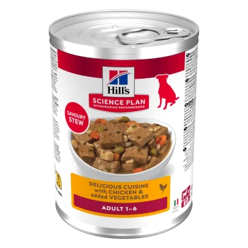 Can of Hill's Science Plan dog food, Savoury Stew — Delicious Cuisine with Chicken & Added Vegetables, Adult 1–6