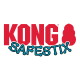 Logo KONG en grandes lettres rouges avec silhouette de jouet rouge et texte bleu 'SAFESTIX' stylisé comme des os reliés.