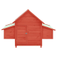 Rotes Holzhaustier mit einem spitzen Dach, das eine zentrale Tür und zwei Seitenfächer hat.