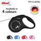 Black flexi retractable dog leash with a circular design, labeled "NEW CLASSIC," available in four colors: black, blue, red, and pink.
