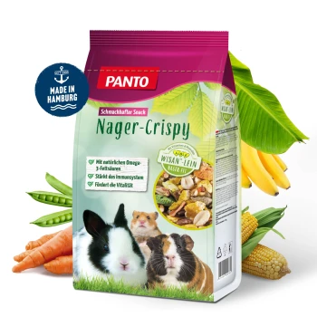 Bunte PANTO Nager-Crispy Tierfutter-Snackverpackung mit einem Kaninchen, Hamster und Meerschweinchen. Hebt Omega-3, Immunität und Vitalität hervor. Hergestellt in Hamburg.