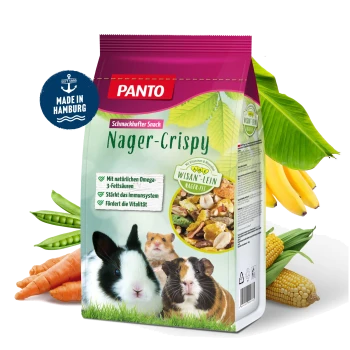 Bunte PANTO Nager-Crispy Tierfutter-Snackverpackung mit einem Kaninchen, Hamster und Meerschweinchen. Hebt Omega-3, Immunität und Vitalität hervor. Hergestellt in Hamburg.