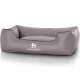 Grau Hundebett mit einem gesteppten Design und erhöhten Rändern, mit dem Logo "KNUFFELWUFF" prominent auf der Vorderseite angezeigt.