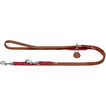 Braune Lederleine für Hunde mit einem roten Griff und silbernen Metallclips, mit einem kleinen runden Anhänger.