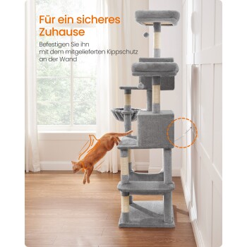 Ein grauer Katzenbaum mit einer Hängematte; eine orangefarbene Katze liegt darunter, während eine weiße Katze von oben hervorschaut. Die Basis misst 3 cm.