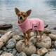 Ein brauner und schwarzer Hund trägt ein weiches pinkes Handtuch, von hinten betrachtet, vor einem schlichten weißen Hintergrund.