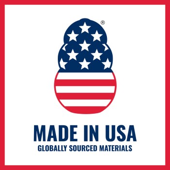 Pfotenförmiges US-Flaggen-Logo über dem Text 'MADE IN USA' und kleiner 'GLOBALLY SOURCED MATERIALS'.