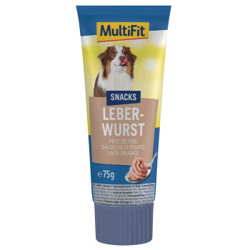 MultiFit Snacks Tube 'LEBERWURST' Leberwurst 75 g für Hunde, Etikett zeigt einen Hund, der sich die Lippen leckt, und einen Löffel mit Pastete.