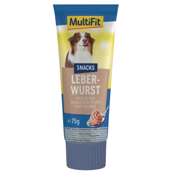 Tube MultiFit Snacks « LEBERWURST » (saucisse de foie) 75 g pour chiens, l'étiquette montre un chien se léchant les lèvres et une cuillerée de pâté