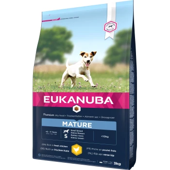 Eukanuba Premium Trockenfutter für reife kleine Rassen, 3 kg Beutel, mit frischem Huhn, geeignet für Hunde im Alter von 8-11 Jahren.