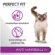 Puszysty kot na białym tle promuje karmę dla kotów "Perfect Fit", podkreślając redukcję kul włosowych i wsparcie dla sierści.
