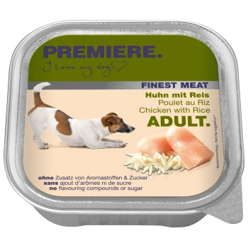 Emballage de nourriture humide pour chien présentant un chien joueur, avec l'étiquette "Premiere. J'aime mon chien" et "Finest Meat: Chicken with Rice ADULT."