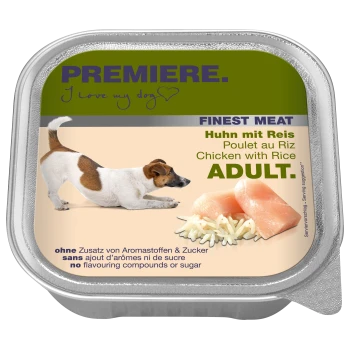 Verpackung für Nassfutter für Hunde mit einem verspielten Hund, mit dem Etikett 'Premiere. Ich liebe meinen Hund' und 'Feinstes Fleisch: Hähnchen mit Reis ADULT.'