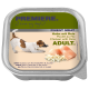 Verpackung für Nassfutter für Hunde mit einem verspielten Hund, mit dem Etikett 'Premiere. Ich liebe meinen Hund' und 'Feinstes Fleisch: Hähnchen mit Reis ADULT.'