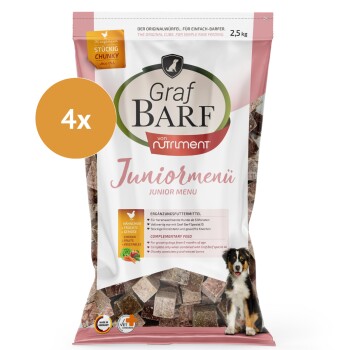 Graf Barf Juniormenü Plus Hundefutterverpackung mit Huhn- und Gemüsestückchen, 2,5 kg, Premiumqualität, 4er Pack.