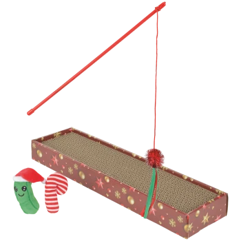 Holiday-themed rectangular corrugated cat scratcher with red wand, dangling pom-pom toy and two plush Christmas toys.