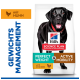 Hill's Science Plan Hundefutterbeutel mit einem schwarzen Hund mit rotem Halsband (Gesicht verdeckt); Text: „Perfektes Gewicht & Aktive Mobilität“; mit Huhn