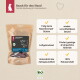 Brauner Beutel mit Liebesgut‑Hundesnacks und Kuhlogo, Überschrift ‚Snack für den Hund‘, deutsche Checkliste mit Produkteigenschaften