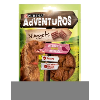 Friandises pour chiens Purina AdVENTUROS Nuggets, mettant en vedette un chien brun, avec un texte mettant en avant la saveur de sanglier sauvage, faible en gras et sans colorants artificiels.