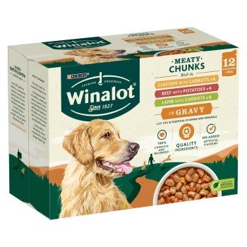 Winalot dog food box featuring a golden retriever, containing 12 pouches of meaty chunks in gravy: chicken, beef, and lamb flavors.